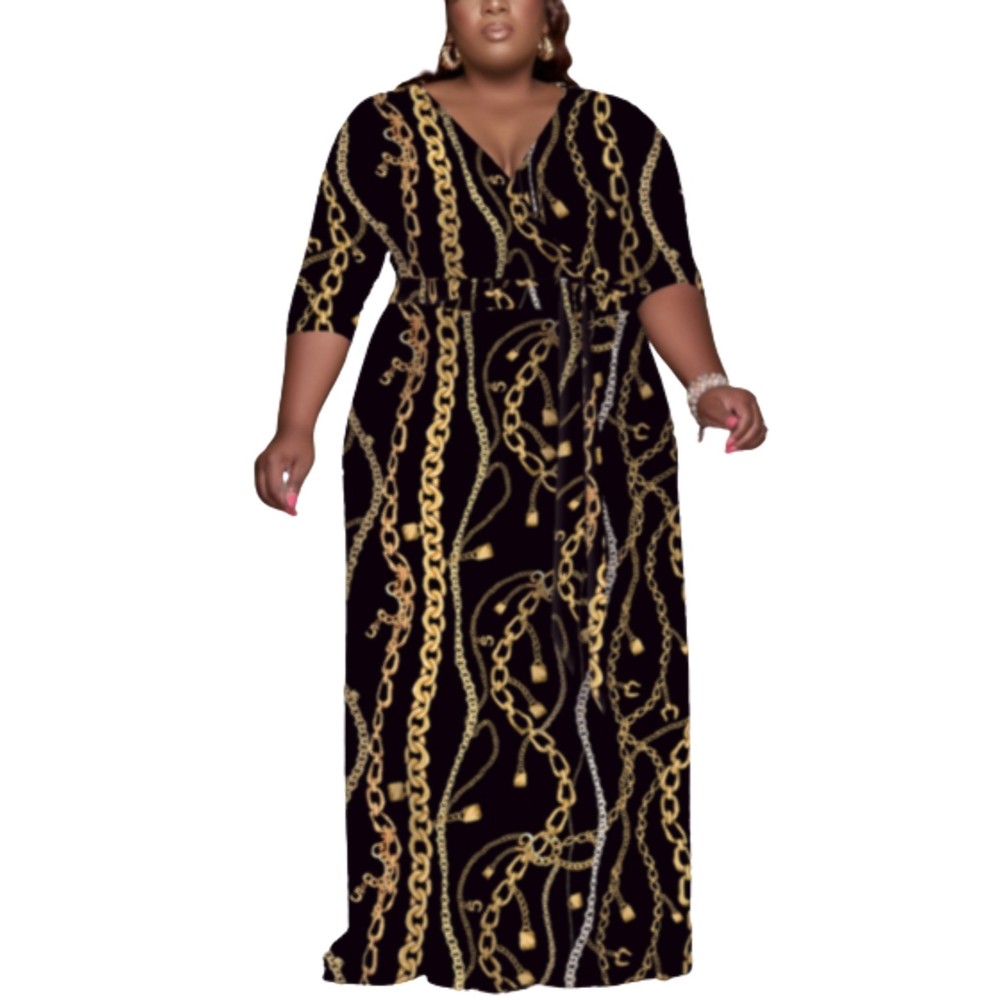 chain printing stretch V-neck three-quarter-sleeve maxi dress